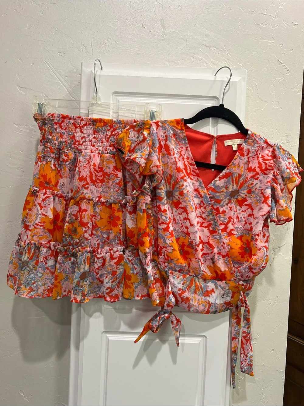 Chelsea & Violet Orange and Pink Floral Tie-Waist Top & Skirt Set